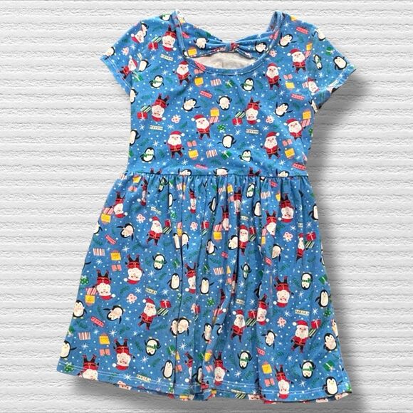 Dot & Zazz XS 4/5 Girls Christmas Dress Santa Penguin Holiday Blue Pockets - Picture 2 of 6